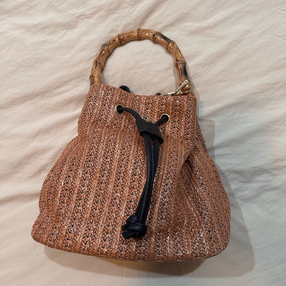 Tan Woven Bag with Bamboo Top Handle bag